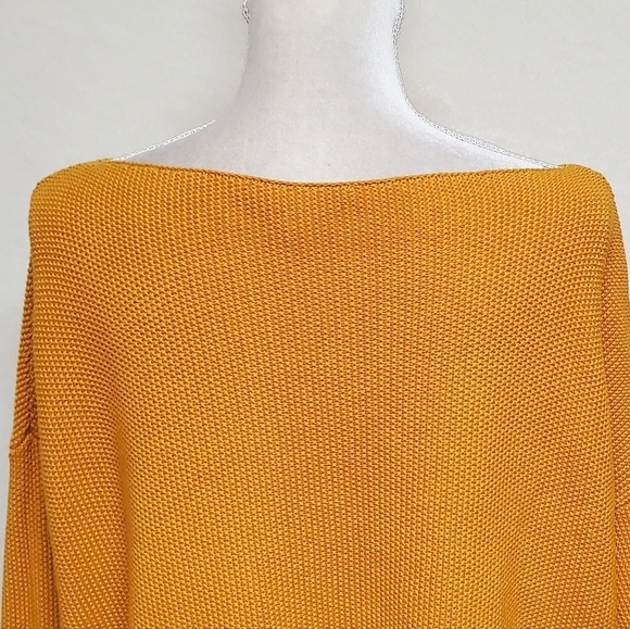 FRENCH Connection Mustard Yellow Waffle Knit Oversized Boatneck Cropped Sweater - Picture 10 of 13